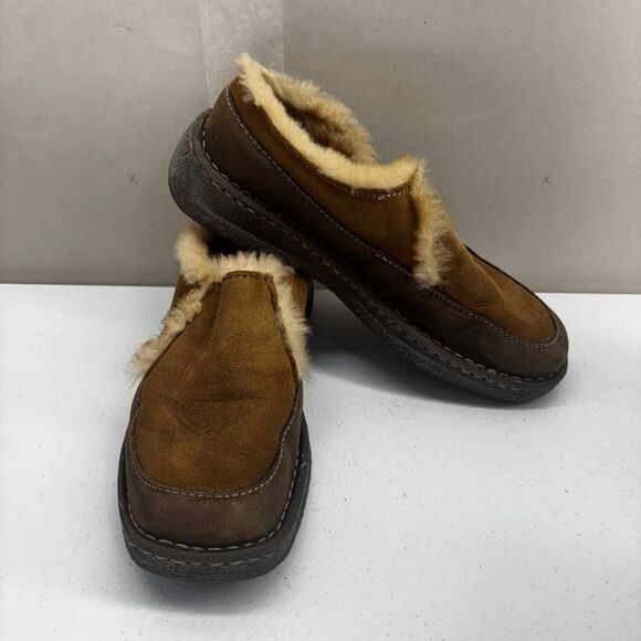 Born Hand Crafted Suede Fur Lined Slipper Mule Clog Womens Size 9 EUC - Picture 1 of 9